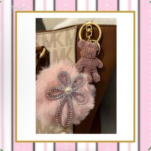 Teddy Bear Rhinestone keychain/pendant & fur ball PINK